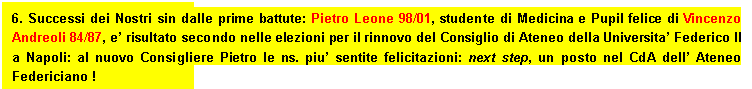 Text Box: 6. Successi dei Nostri sin dalle prime battute: Pietro Leone 98/01, studente di Medicina e Pupil felice di Vincenzo Andreoli 84/87, e risultato secondo nelle elezioni per il rinnovo del Consiglio di Ateneo della Universita Federico II a Napoli: al nuovo Consigliere Pietro le ns. piu sentite felicitazioni: next step, un posto nel CdA dell Ateneo Federiciano !